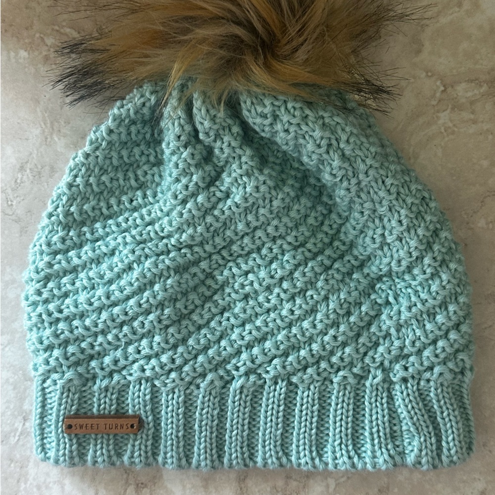 Sea foam Green Knit Hat with Faux Fur Pom